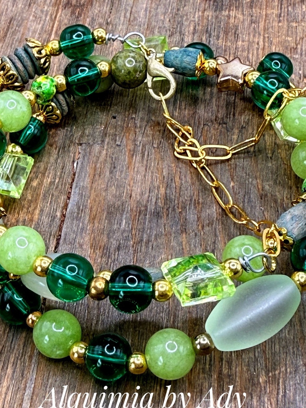 Peridot Green and Gold Beaded triple layered Bracelet